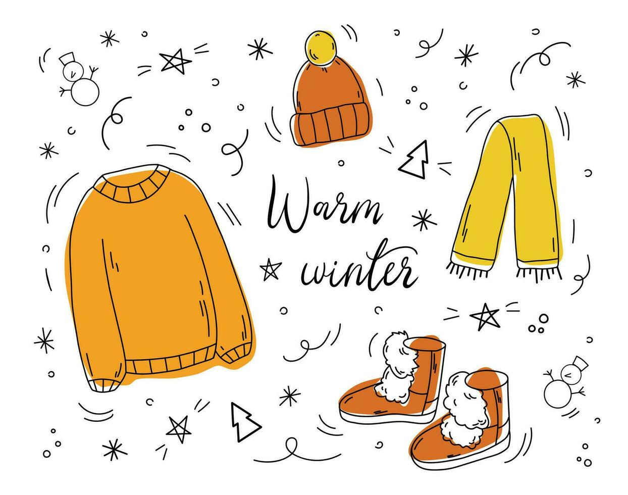 Winter clothes and warm accessories banner. Hand drawn vector illustration of winter clothes in doodle style. Casual warm clothes. Poster with inscription warm water and elements winter wardrobe