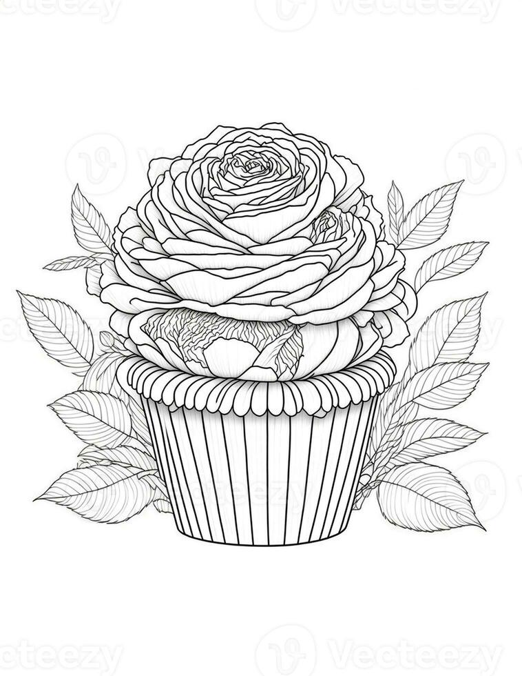 large cupcake with roses  flowers graphics for coloring for children and adults photo