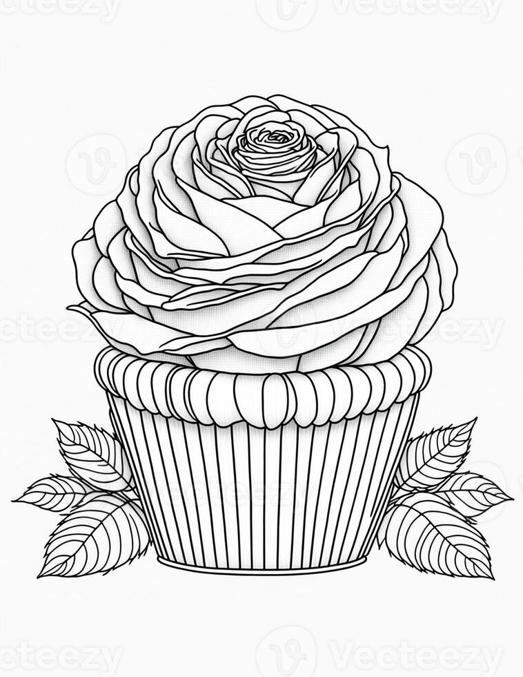 large cupcake with roses  flowers graphics for coloring for children and adults photo