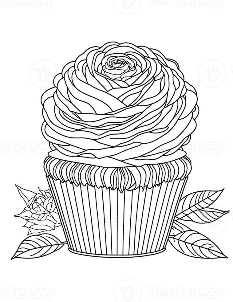 large cupcake with roses  flowers graphics for coloring for children and adults photo