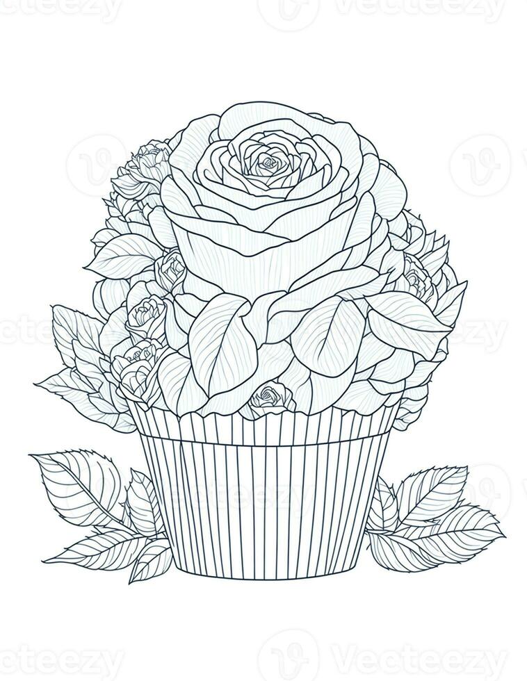 large cupcake with roses  flowers graphics for coloring for children and adults photo