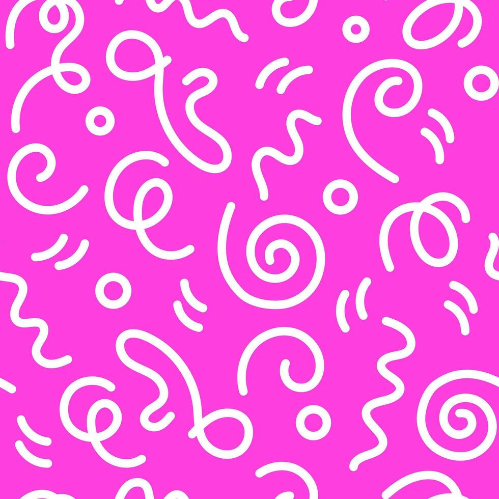 Doodle 90s style seamless pattern on pink background with kid squiggles, swirls and zigzag. Flat vector retro illustration