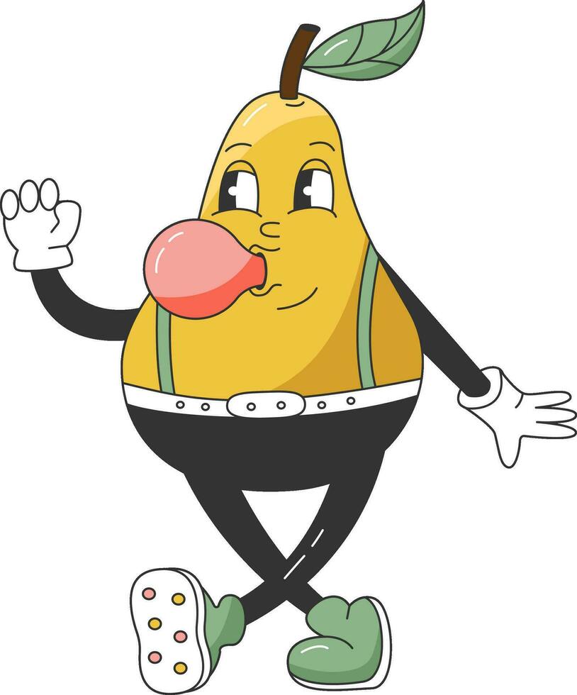 90s Fruit Funny Retro Groovy Cartoon Hippie Character. Comic Pear Character on transparent background. Groovy Summer Vector Illustration. Sweet Juicy Fresh Fruit.