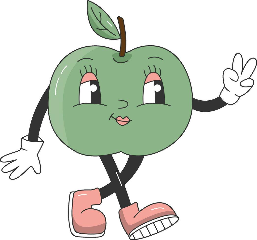90s Fruit Funny Retro Groovy Cartoon Hippie Character. Comic Character of Apple Girl on transparent background. Groovy Summer Vector Illustration. Sweet Juicy Fresh Fruit.