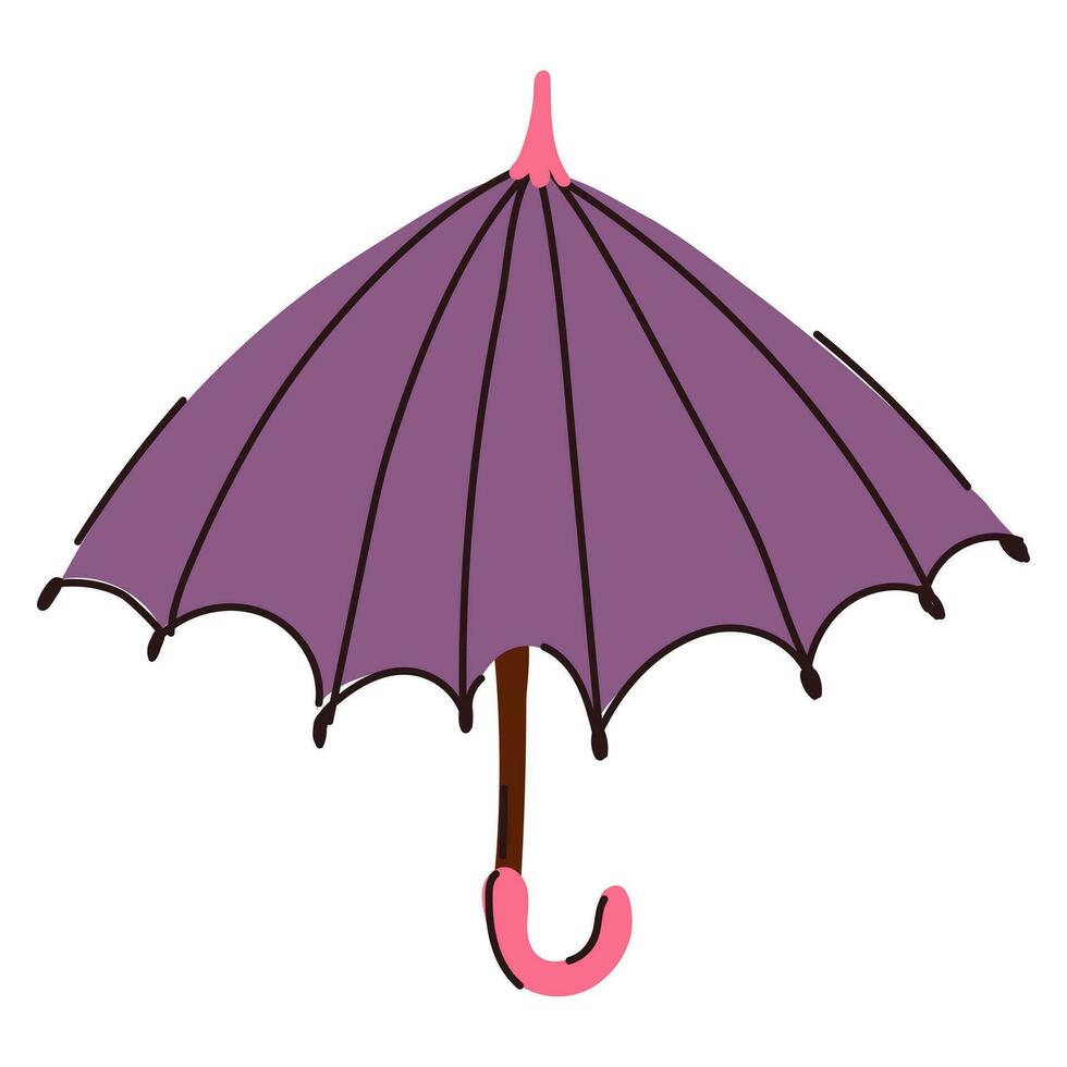 Illustration of an open purple umbrella cane isolated on a white background. Protection from rain and sun for autumn, spring, summer. Multifunctional item vector