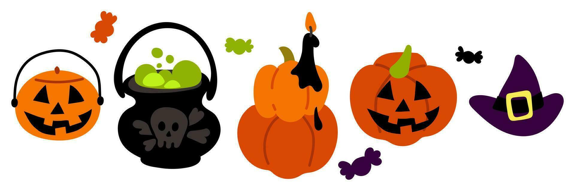 A set of elements for a happy Halloween day with a vector background. Cute collection of creepy pumpkins, cauldron, candy, faces, witch hat, candle. Charming elements for Halloween festival decoration