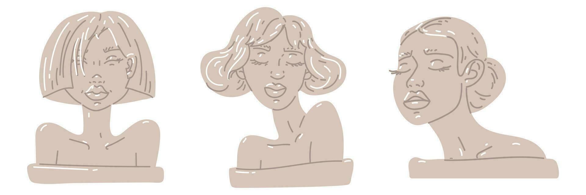 A set of female portraits of ancient Greek sculpture in a modern style. Modern female sculptures, portraits. A calm sculpture. Hand-drawn vector illustration highlighted on a white background