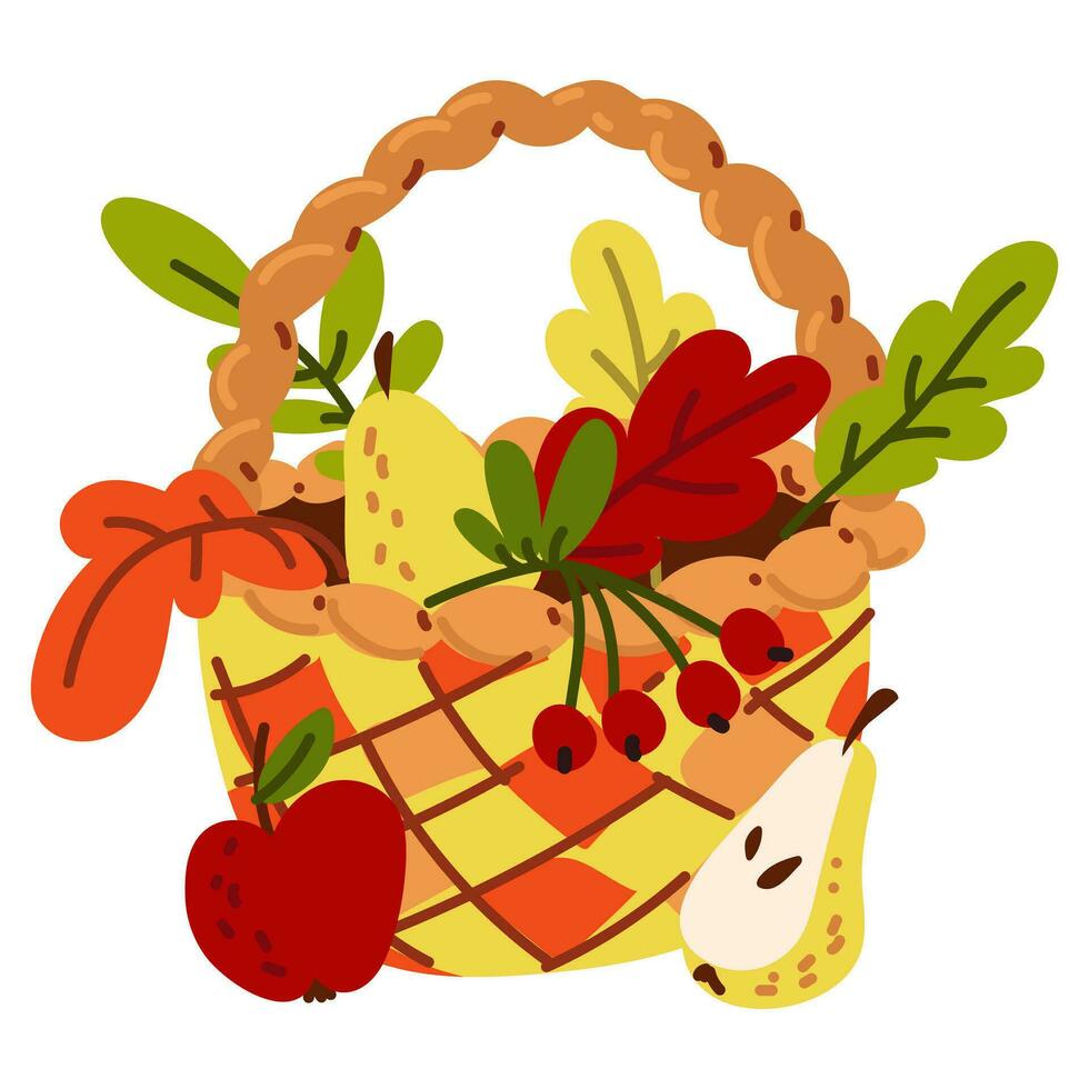 Autumn wicker basket with autumn leaves, berries, fruits inside. Foliage is like a bouquet in baskets, highlighted on a white background. Vector flat illustration of autumn weather. Sticker, postcard