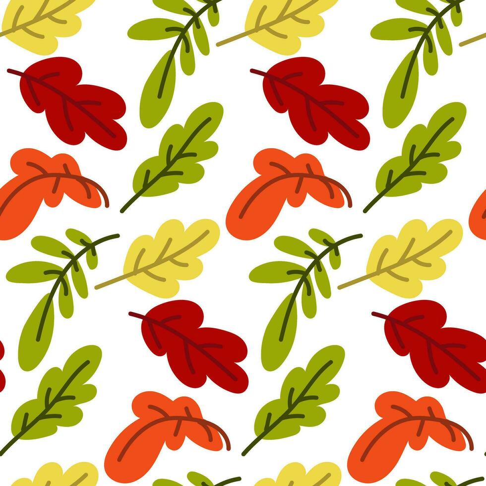 Beautiful autumn leaf pattern in bright colors, seamless repetition. Fashionable flat style. Great for backgrounds, clothing and editorial design, postcards, gift wrapping paper, home decor, etc vector