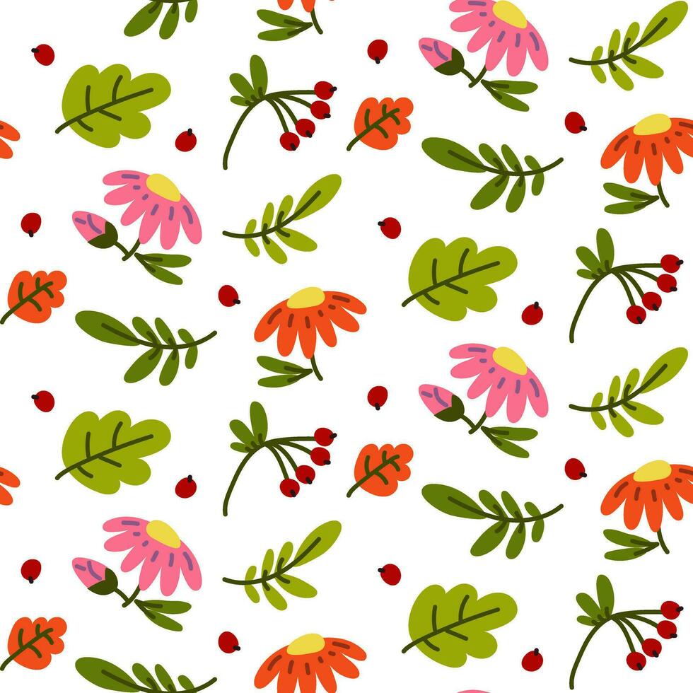 Vector seamless pattern with autumn elements - berries, leaves, branches, flowers. Manual application of natural texture. Flat texture with cartoon elements of pink, yellow, orange colors on a white