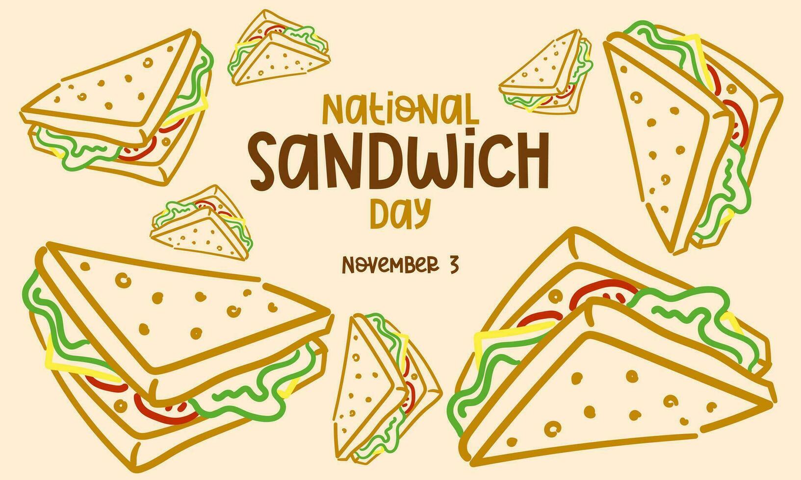 Vector graphics of national Sandwich Day are good for celebrating national sandwich Day. Flat linear design. Design of leaflets, postcards, flyers. Flat illustration with text. November 3. Linear