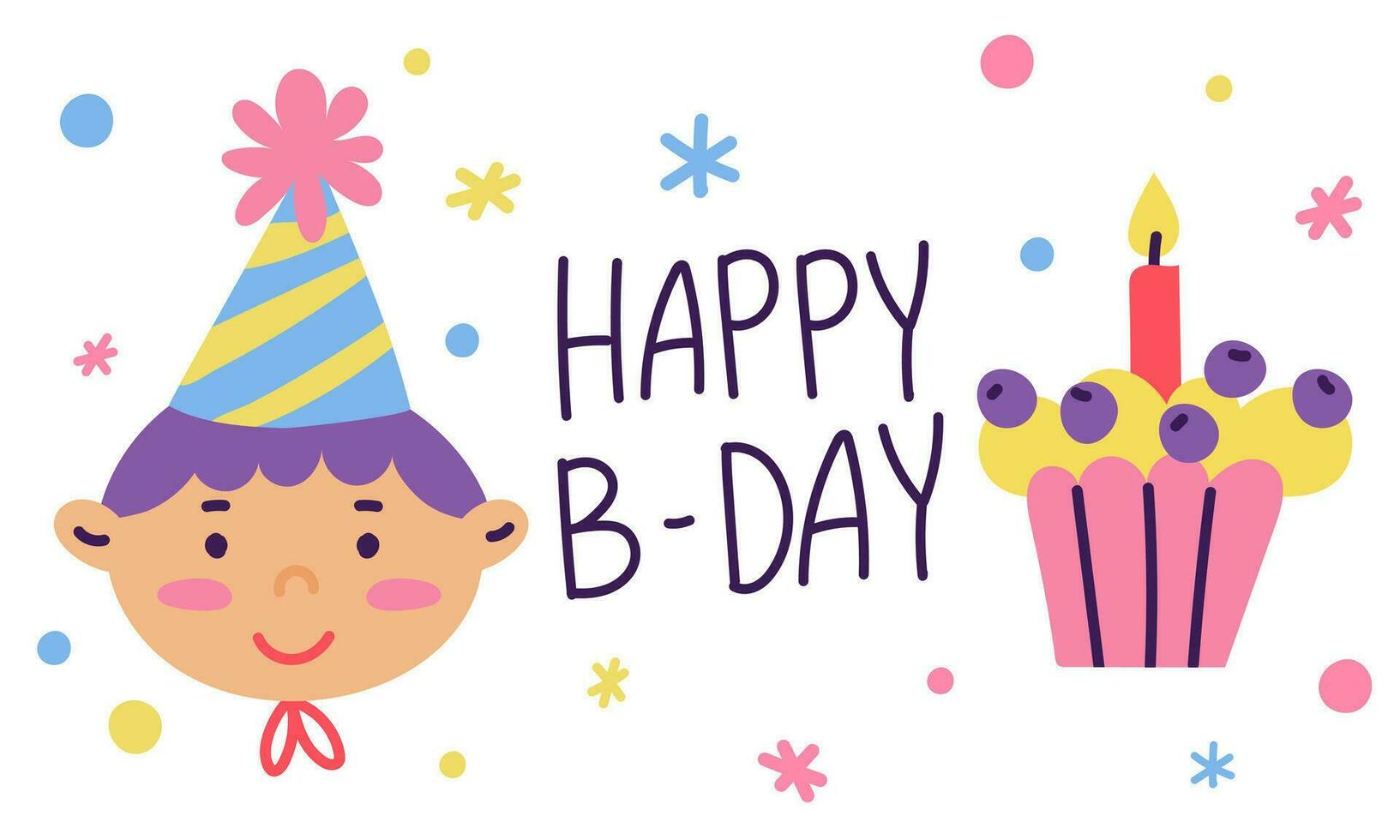 Birthday card with a boy, with a cupcake, candle and confetti on a white background. A holiday card, an invitation to a holiday. Cute cartoon postcard with a character vector