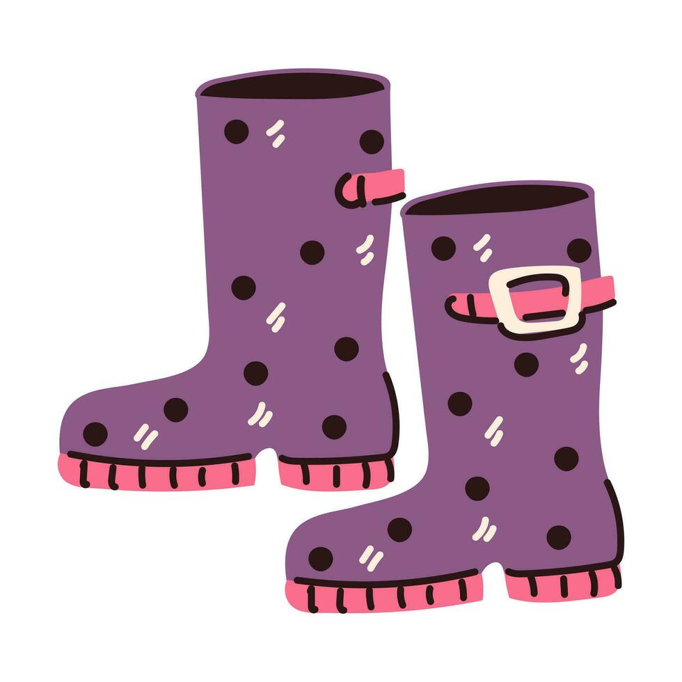 Vector flat autumn purple women's or girls' rubber boots with dots. Left and right boots in purple and pink colors with a pea texture, isolated on a white background. Cute cartoon boots