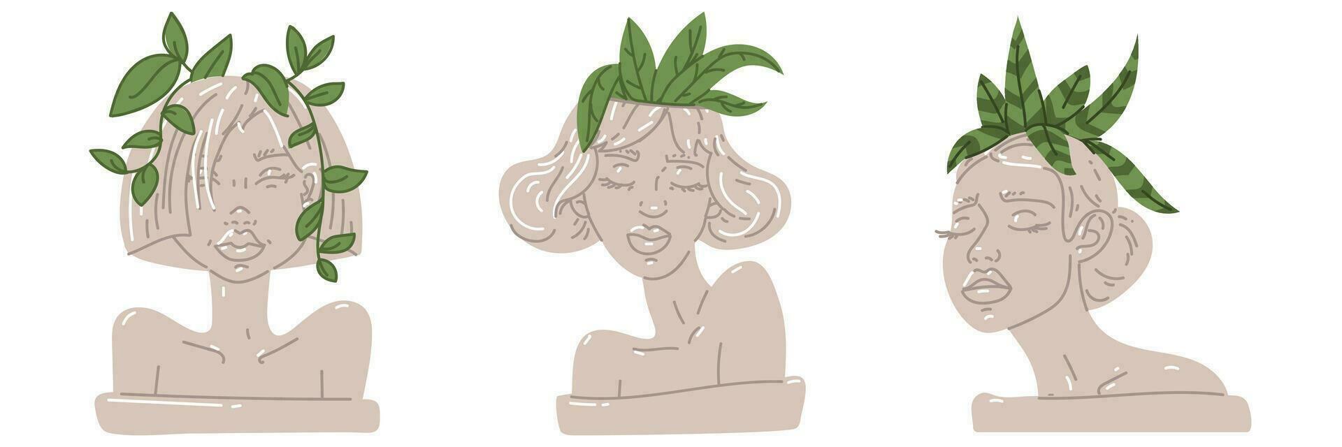 Set of flower pots with female portraits of ancient Greek sculpture in a modern style. Modern female sculpture, portrait with a plant on her head. Vector illustration highlighted on a white background