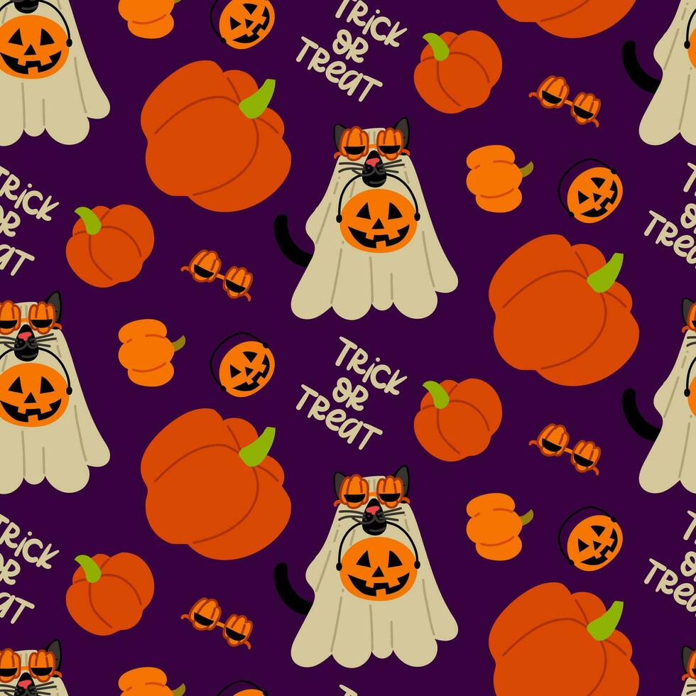 A pattern of a cat in a sheet for Halloween with a pumpkin basket of sweets on a purple background. A black cat in pumpkin glasses is going for candy. Flat vector illustration. Text Trick or treat