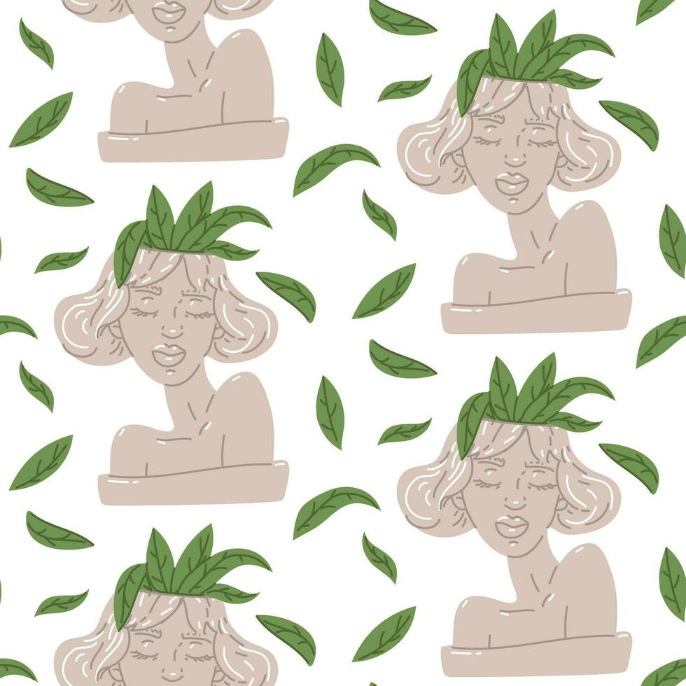 A pattern with a flower pot in the form of a female portrait of an antique Greek sculpture in a modern style. Modern female sculpture, portrait with a plant on her head. Vector illustration on a white