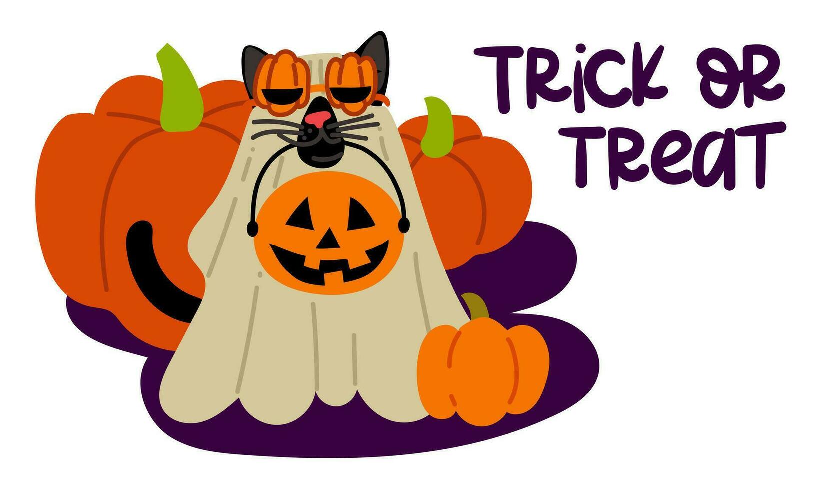 A postcard with the inscription Trick or treat. A black cat in a sheet and glasses with pumpkins, a basket for Halloween sweets on a background of pumpkins. Flat vector illustration on white. text