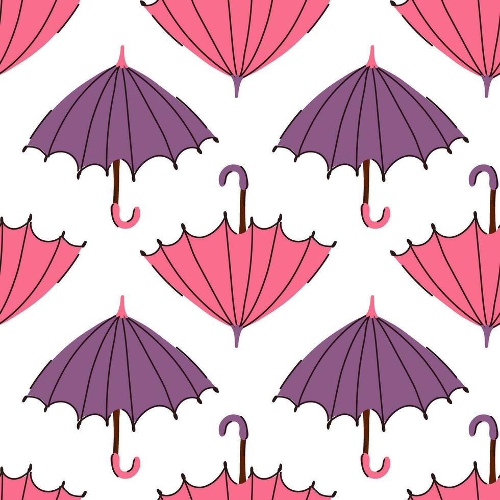 el modelo es un abierto rosado y púrpura sombrilla. sin costura, repetitivo plano otoño dibujos animados textura. linda clima proteccion en un blanco antecedentes. paraguas arriba y abajo, impresión en textiles y papel vector