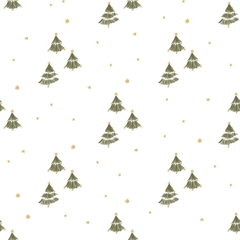 Boho Christmas tree seamless pattern. Hand drawn green fur tree silhouette on white repeat background. Winter forest rustic vector print, wrap paper, fabric, textile. Simple winter holiday wallpaper.
