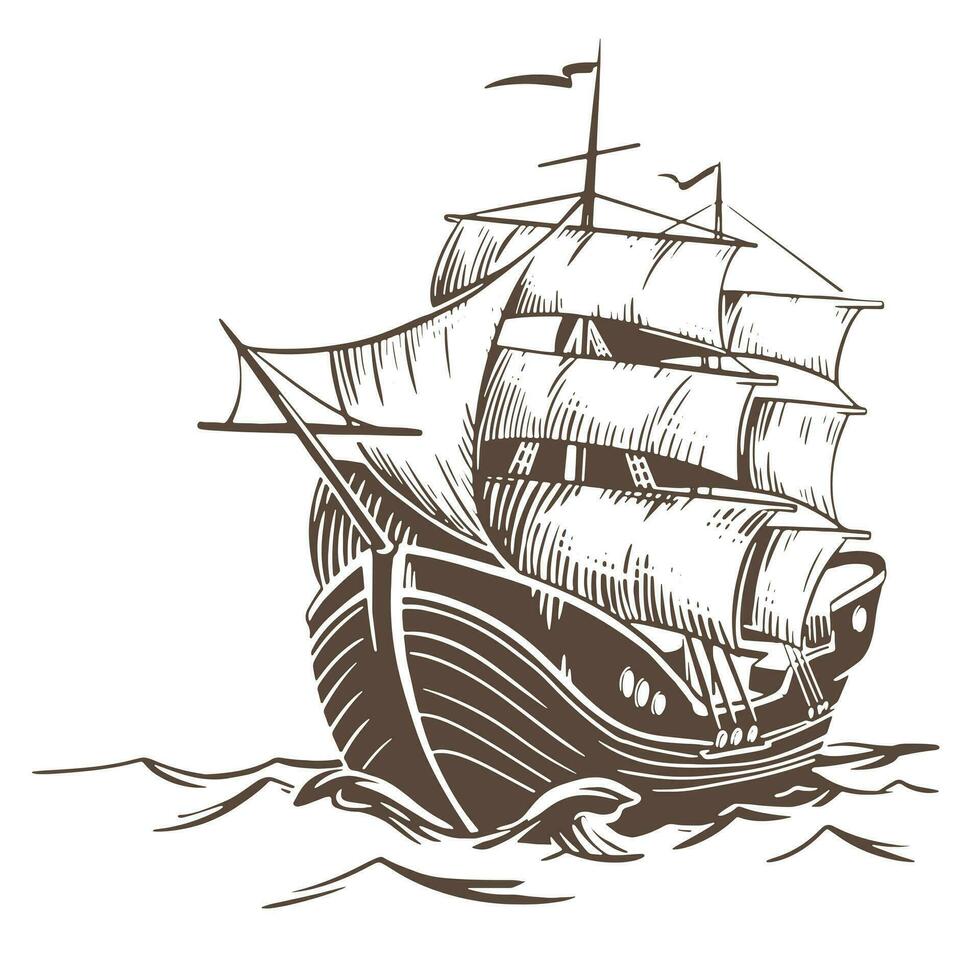 Embarcacion bosquejo. un velero paño en el olas con elevado paño. vector ilustración en grabado estilo aislado en blanco antecedentes. náutico buque para diseño en retro estilo.