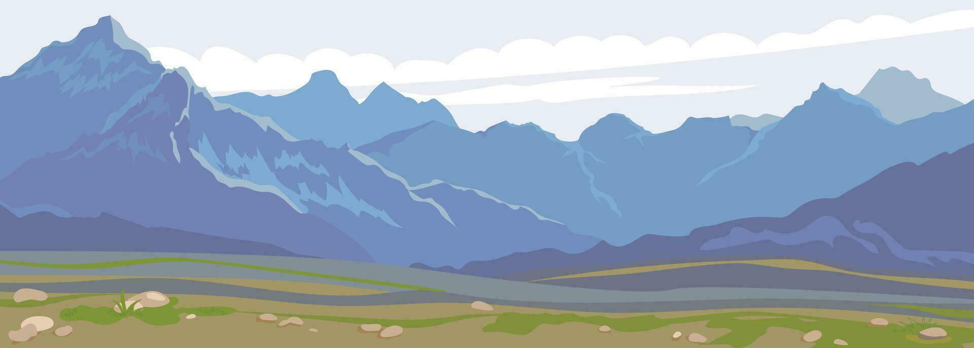 Mountain landscape horizontal. Vector box. View of rocks, stone peaks covered with snow. High mountainous country. A species characteristic of the Alps, Nepal and Tibet.