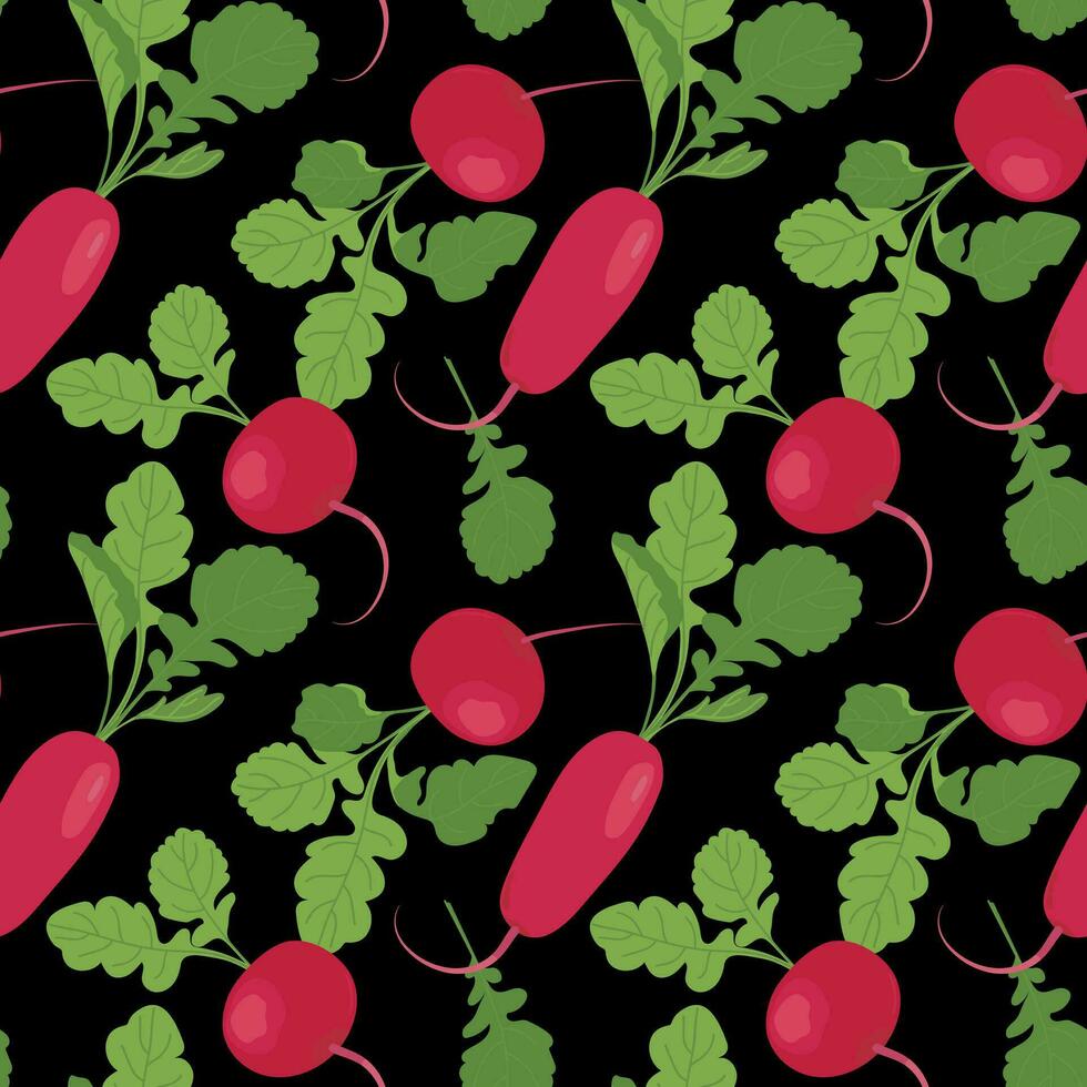 Red radish seamless pattern on black background. Vector vegetable in flat style. Background for kitchen textiles, pattern of fresh vegetables in cartoon style.
