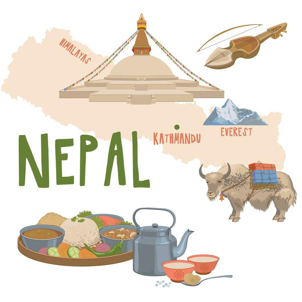 mapa de Nepal con atracciones tradicional platos, comida productos, budista casa elementos. boudhanath, un yak con un carga. vector ilustración para el diseño de viaje folletos, turista mapas