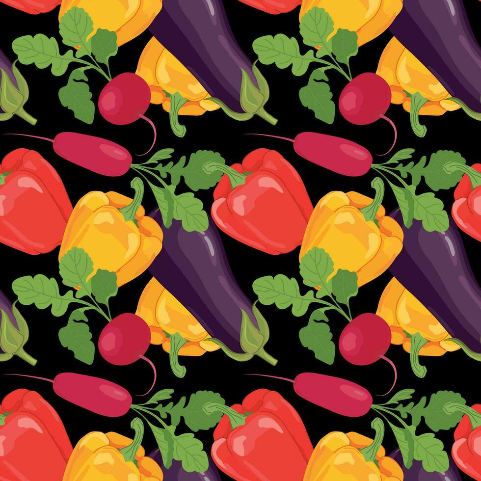 Vegetable seamless pattern. Vector products in flat style. Eggplan, bell pepper, radish and celery on a black background. Design for wallpaper, fabric, packaging.