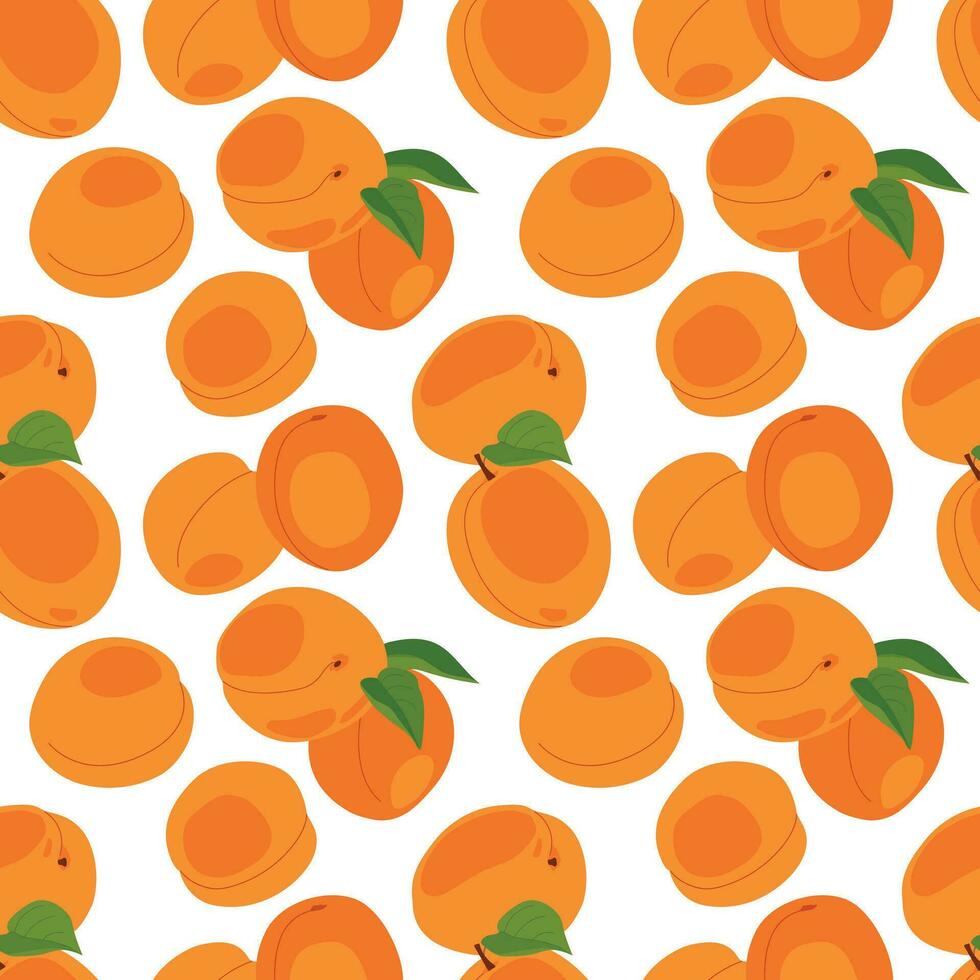 Apricot seamless pattern. Vector. Fruits whole and cut into pieces on a white background. Summer tropical endless background for label, fabric, packaging. vector