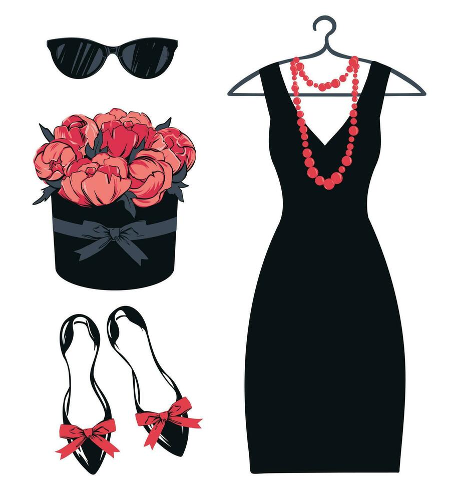 A set of stylish women's clothing for a cocktail party. Fashion look. Dress, shoes, glasses and a bouquet of peonies. Vector illustration for a postcard or poster, for a magazine article.