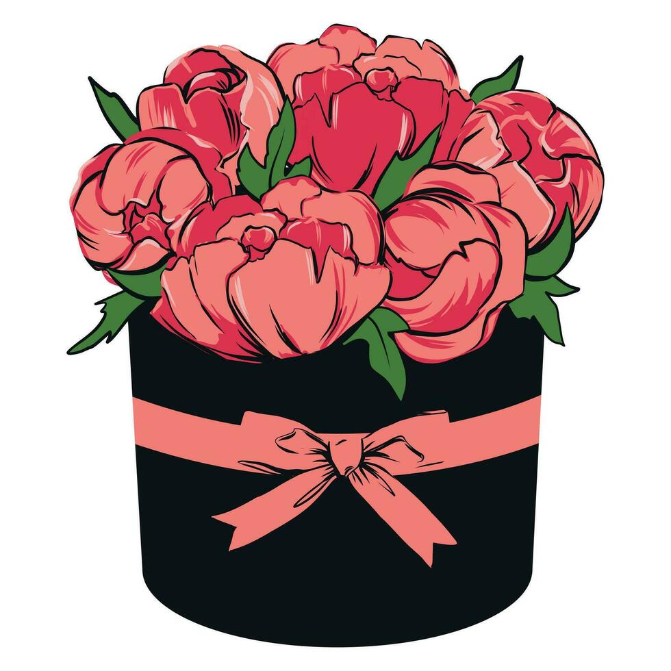 Beautiful bouquet of peonies in a black box. Stylish floral design for congratulations to a woman. Pink peonies on a white background. Fashion vector illustration.