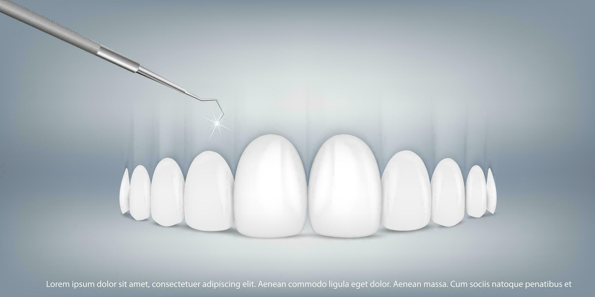 Vector realistic teeth on a light gray background with a dental hook