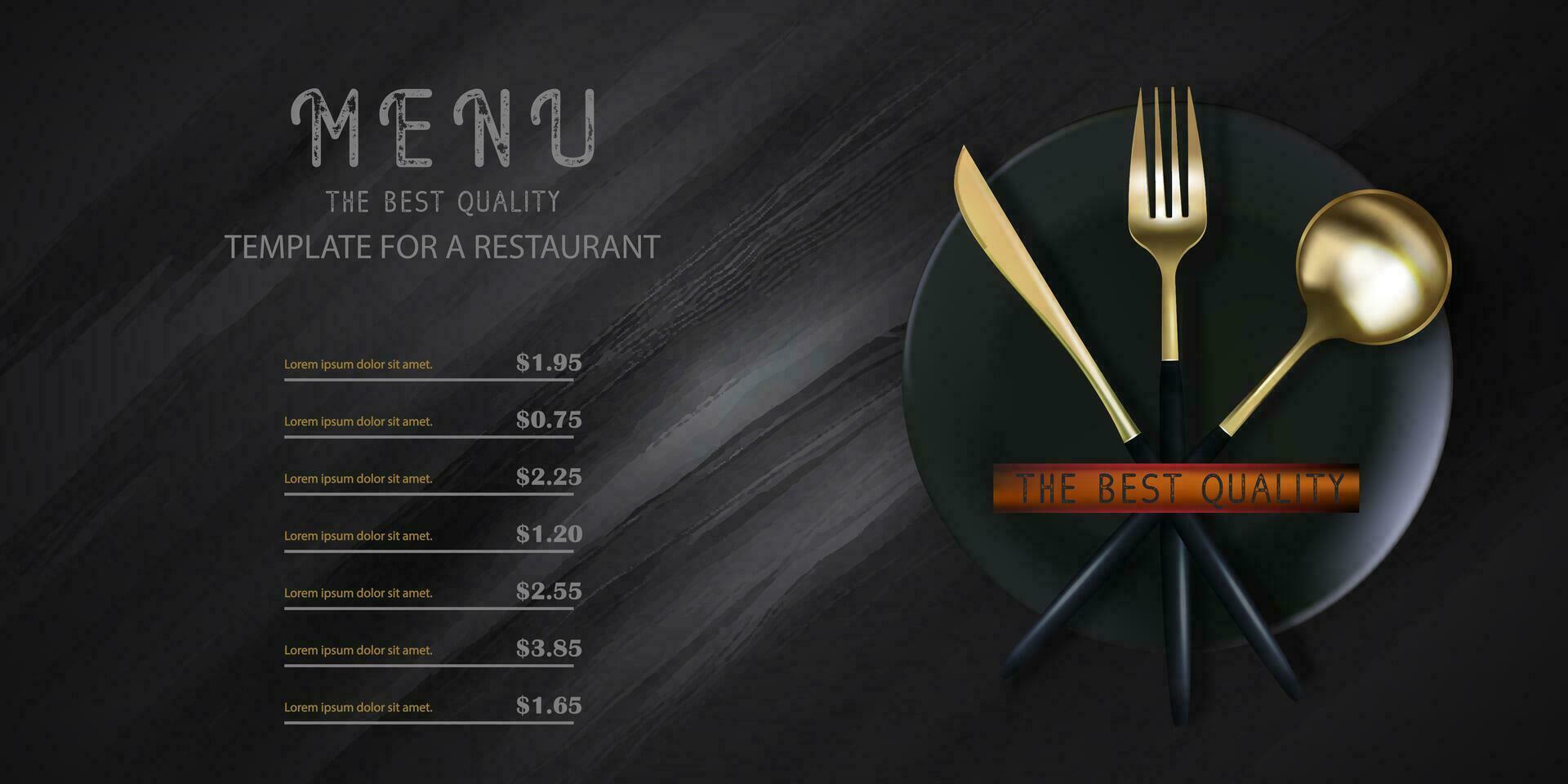 Realistic 3D golden fork and spoon on a black grunge background. Fashionable modern poster for a restaurant. Top view vector illustration.