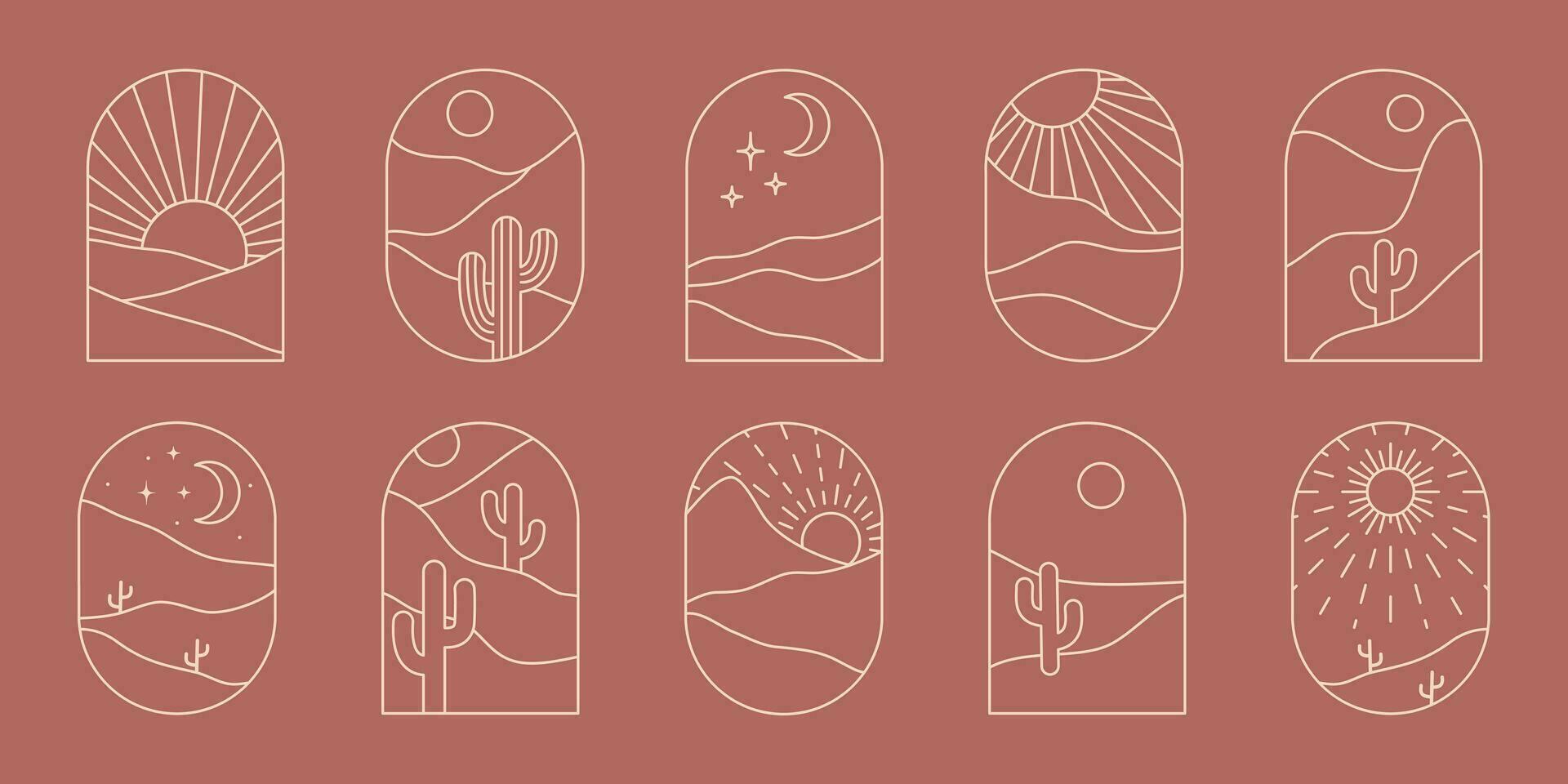Boho logo landscape with desert. Cactus, sandy mountains, sun and moon. Abstract design templates. Vector bohemian big set in trendy liner style