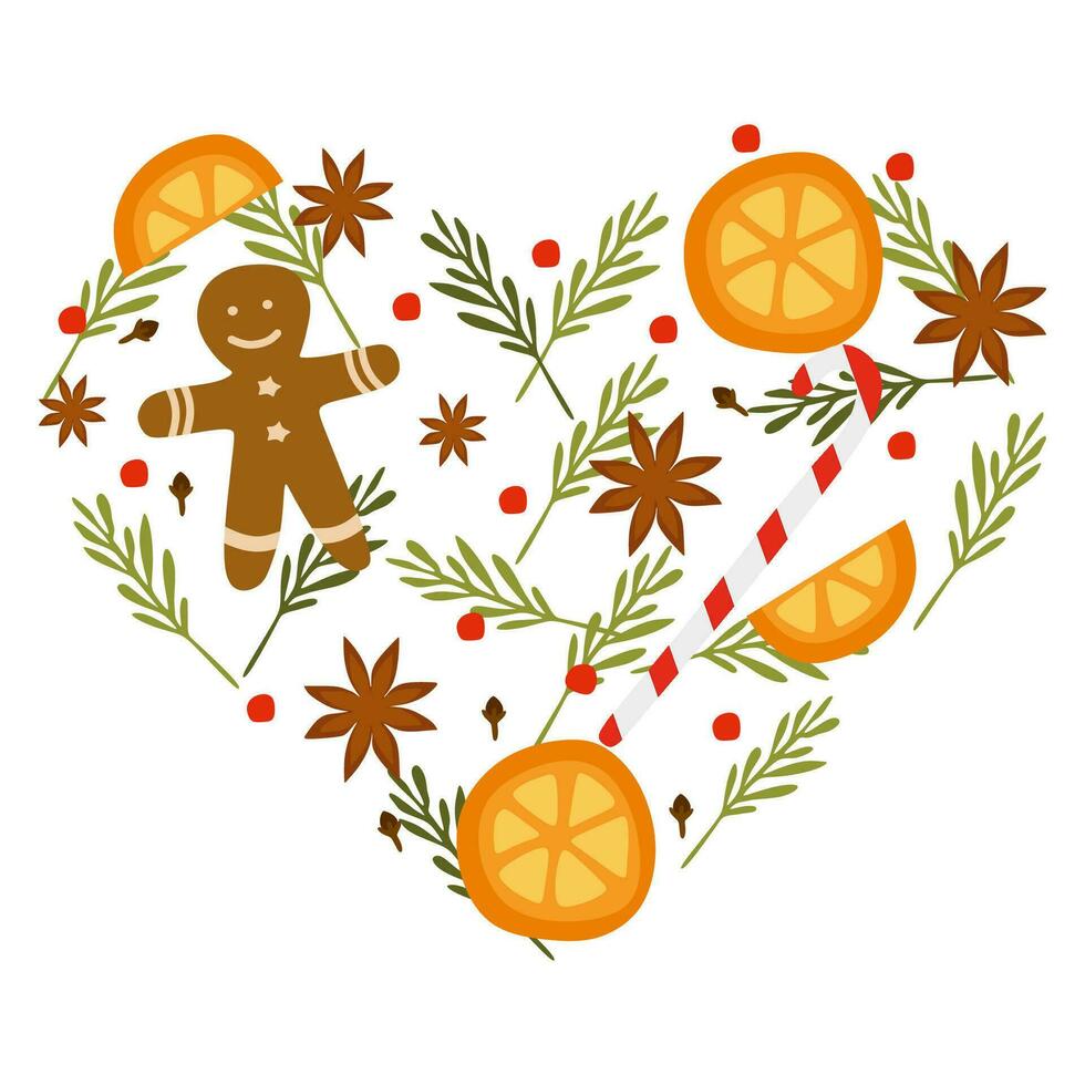 Flat style illustration of mulled wine ingredients oranges, anise stars, straw, cloves, berries. Vector illustration for Christmas decoration. Heart shape design element with Gingerbread cookie