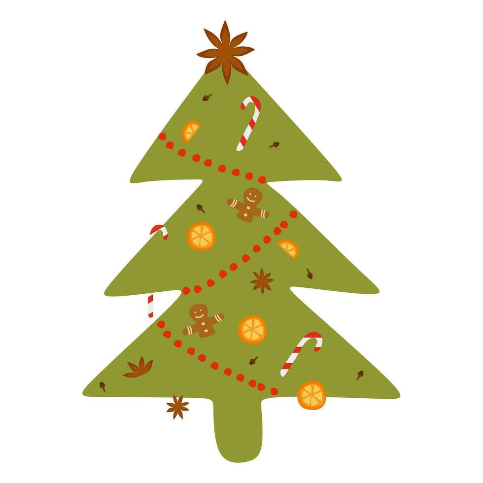 verde Navidad árbol con invierno especia decoración. naranja, pan de jengibre, galletas, caramelo caña, anís estrella y Clavo. Navidad abeto árbol, pino árbol plano vector diseño para plantilla, tarjeta, tarjeta postal.