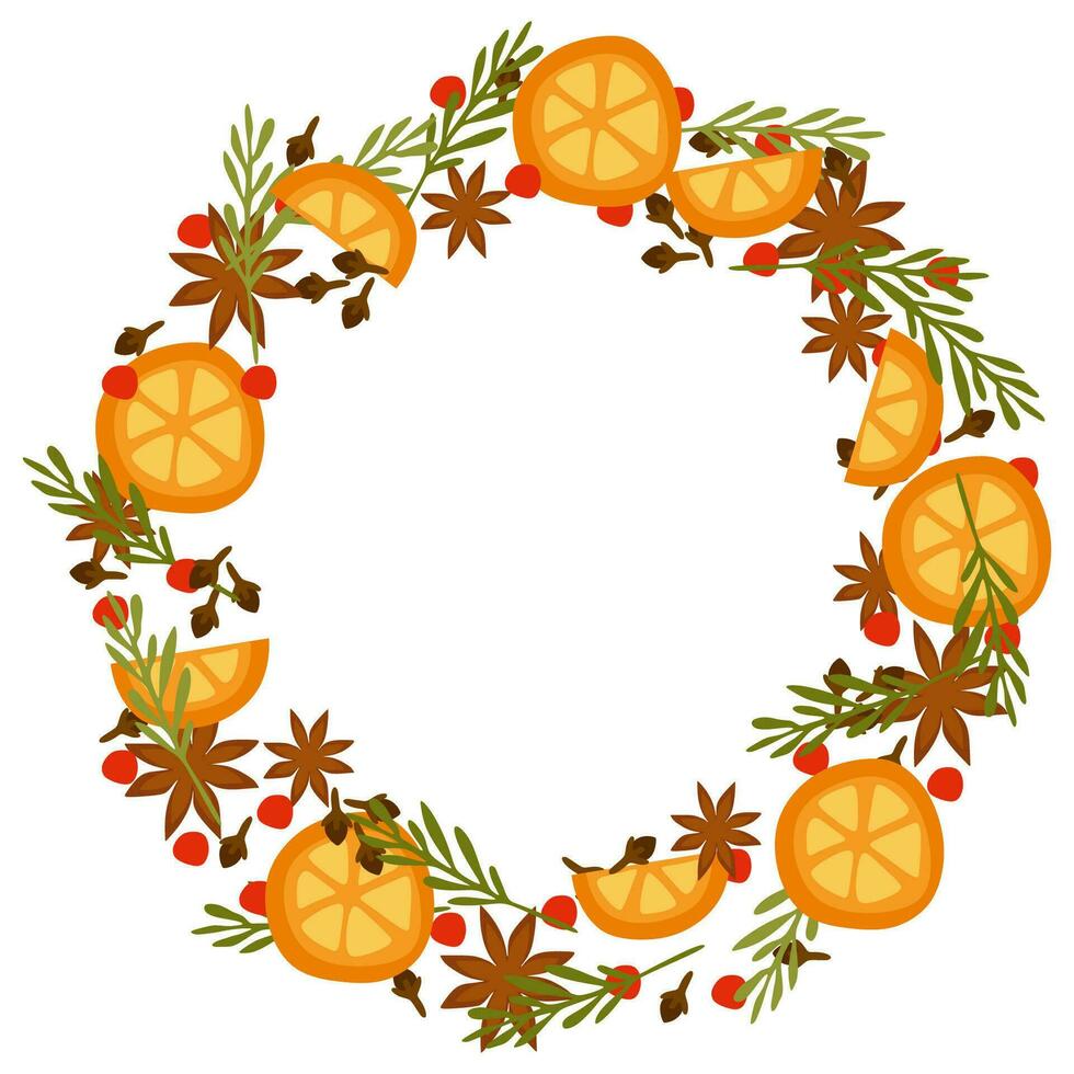 Watercolor mulled wine wreath. Spices and oranges. Vector Flat cartoon illustration isolated on white. Anise star, Orange, Clove, Green branches and Red berries. Color template, Christmas decoration.