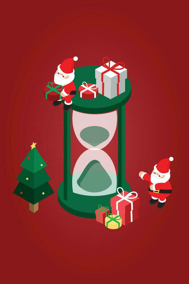 isométrica Navidad bandera modelo promoción para publicidad con Papa Noel y reloj de arena vector