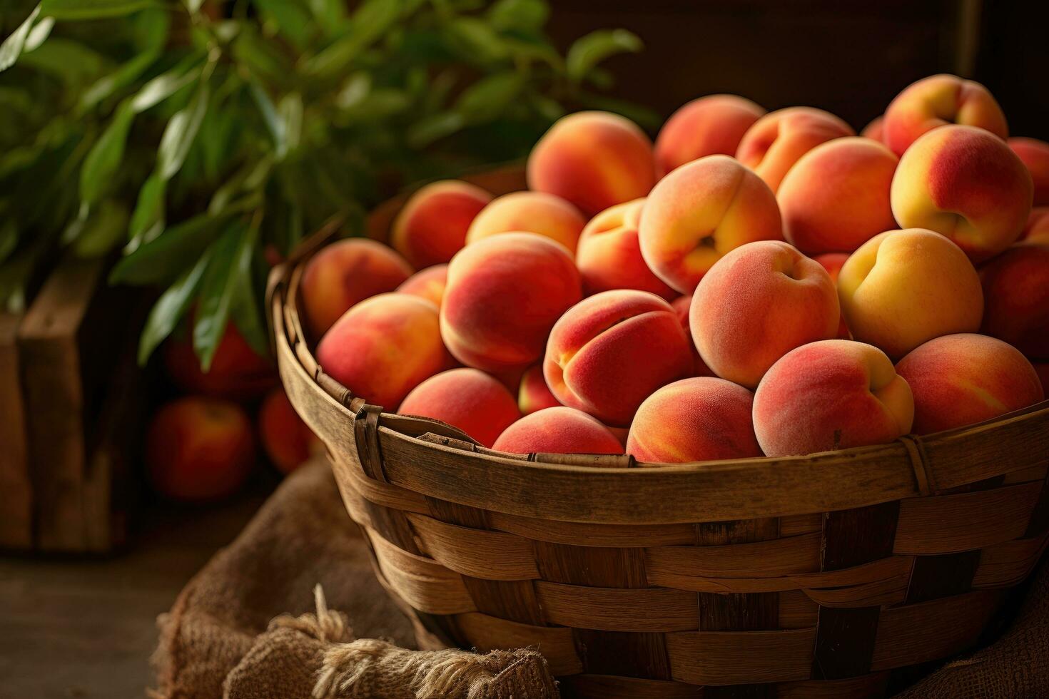 Ripe peaches in a basket on a wooden table. Selective focus, Fresh picked peaches on display, AI Generated photo