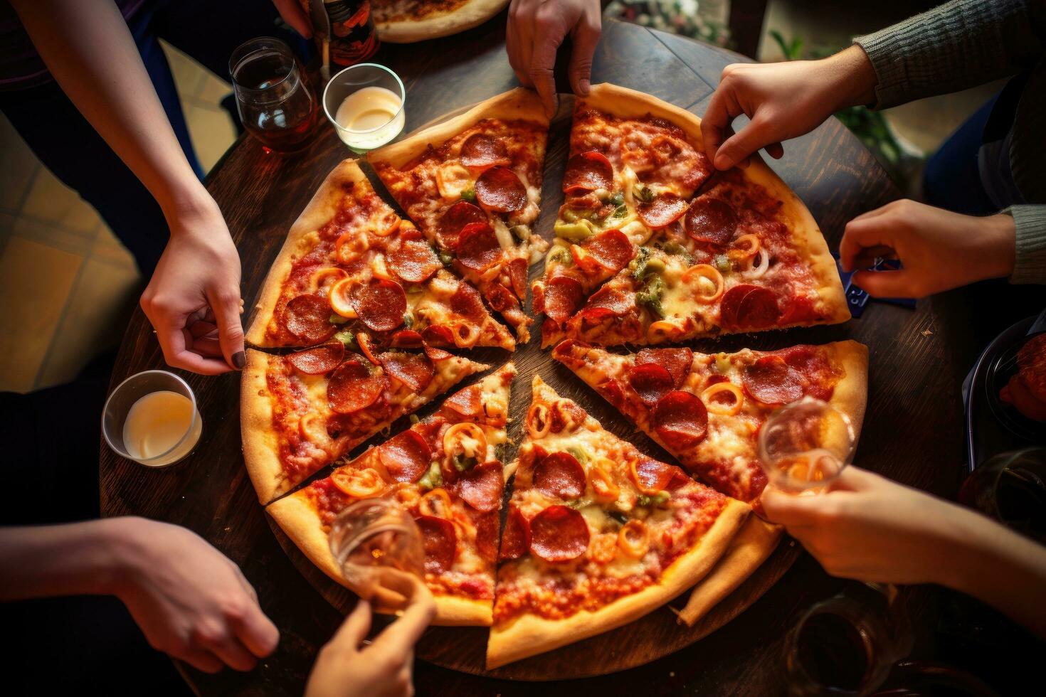 Group of friends eating pizza in cafe, close-up view, Friends eating pizza together at home, top section cropped, AI Generated photo