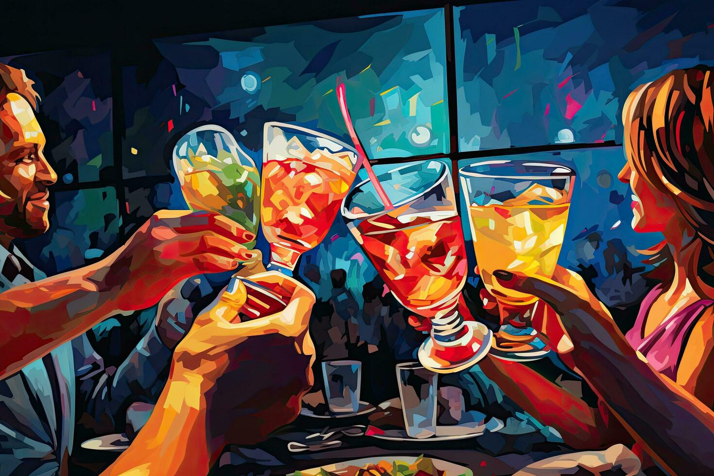 Two friends drinking cocktails at the bar. Vector illustration of people sitting at the table with drinks, Friends toasting with cocktails in the bar, no face, AI Generated photo