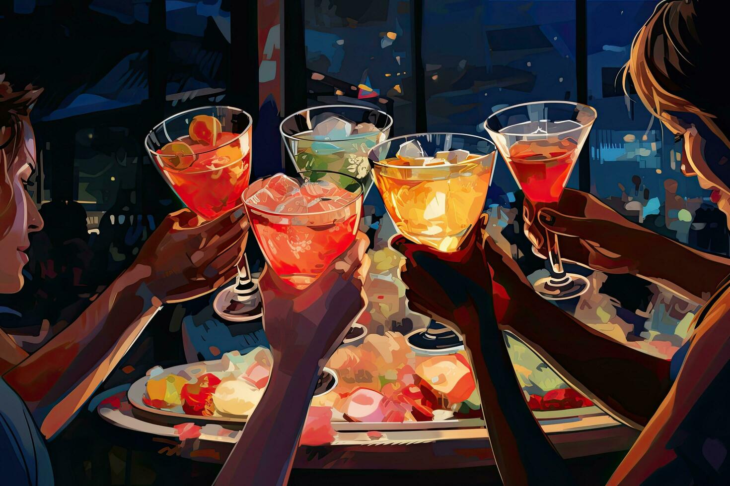 Cocktails in glasses on the table in a bar. Vector illustration, Friends toasting with cocktails in the bar, no face, AI Generated photo