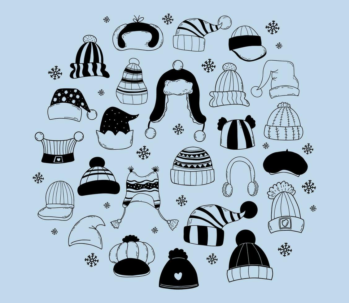 Collection winter knitted hats. Isolated hand drawings doodle of headdresses. Vector illustration.