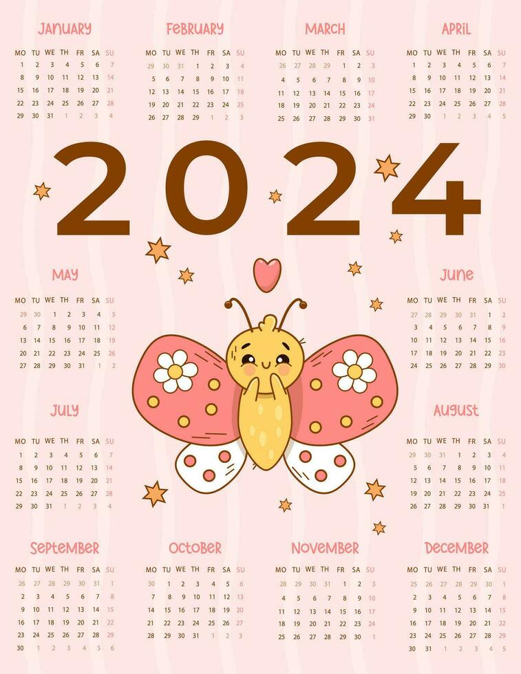 Calendar 2024 Cute enamored butterfly on pink background. Vector vertical template 12 months in English. Week starts on Monday. kids collection. Stationery, printing, organizer
