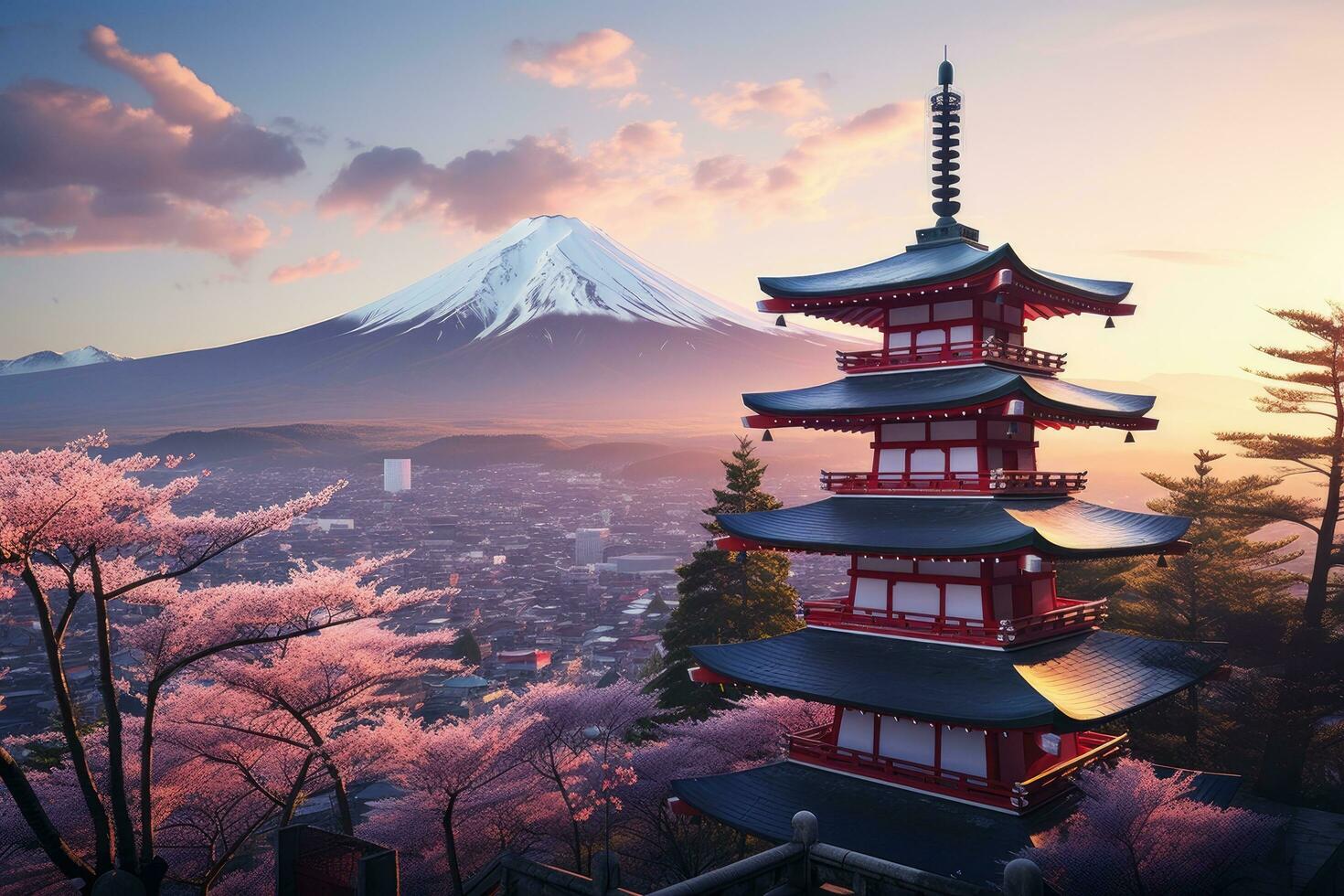 Mt Fuji and Chureito Pagoda at sunrise, Japan, Fujiyoshida, Japan Beautiful view of mountain Fuji and Chureito pagoda at sunset, AI Generated photo