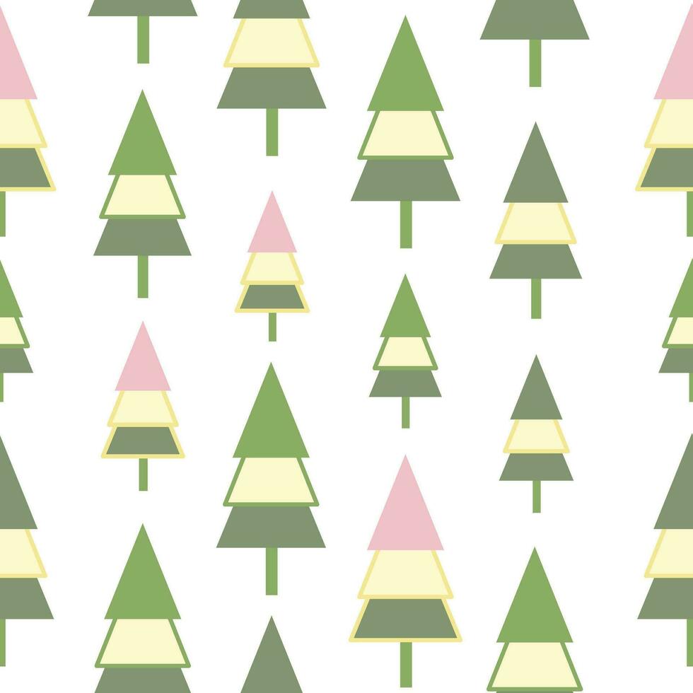 Christmas tree, seamless pattern, white background. Forest deer, green fir, spruce trees. Vector illustration