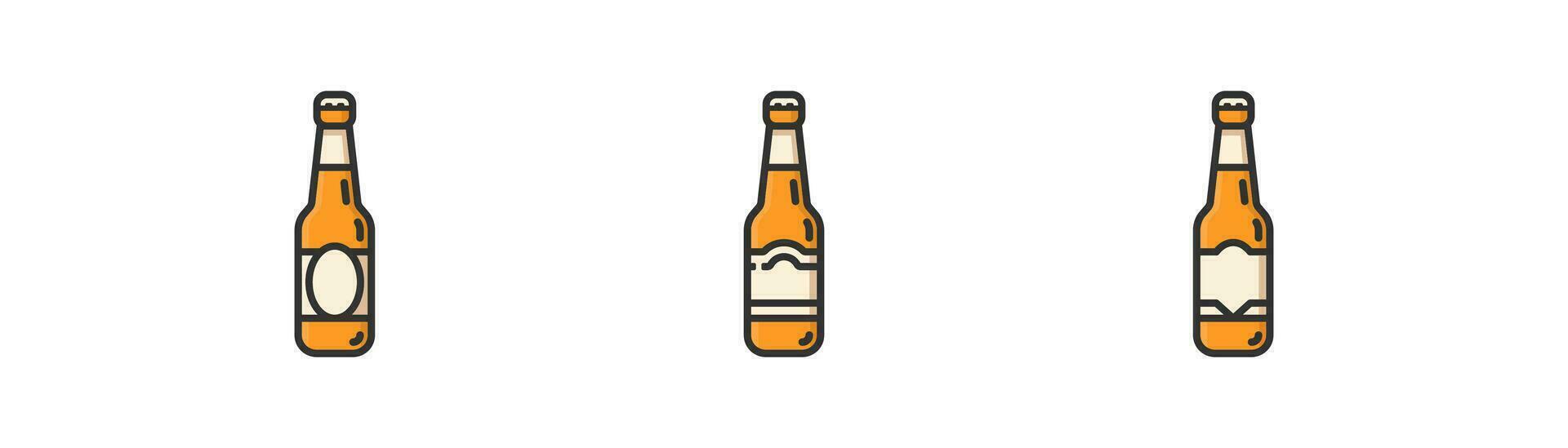 Glass bottle beer icon set on white background. Alcohol drink symbol. Pub, bar, cold beverage. Outline flat and colored style vector illustration.