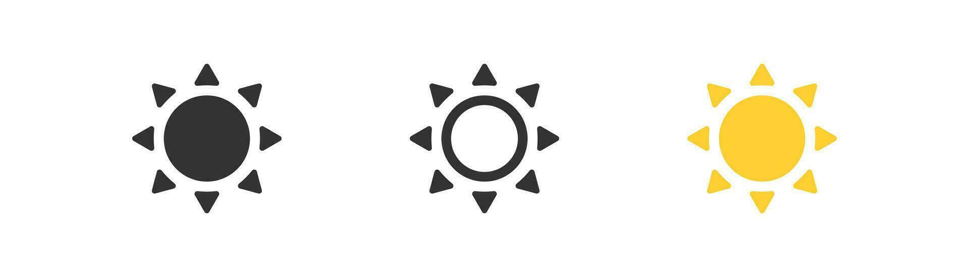 Yellow sun with rays icon. Summer symbol. Hot sunny weather, heat, brightness. Outline, flat and colored style icon for web design. Vector illustration.