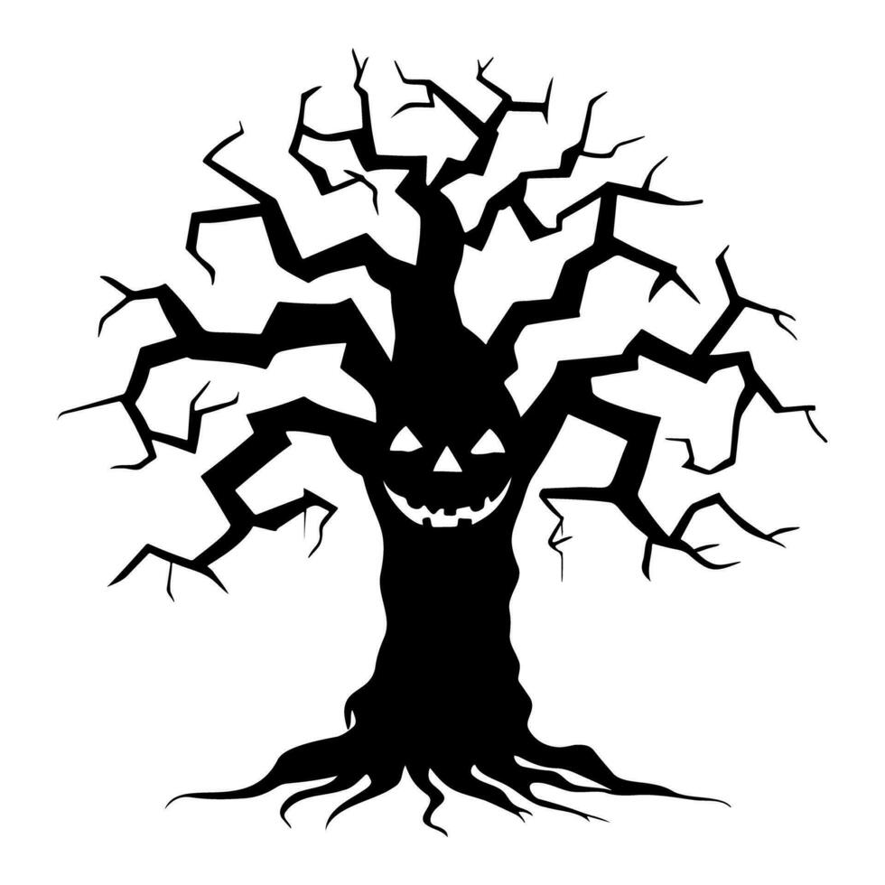 Halloween scary spooky smile tree silhouette. Vector illustration