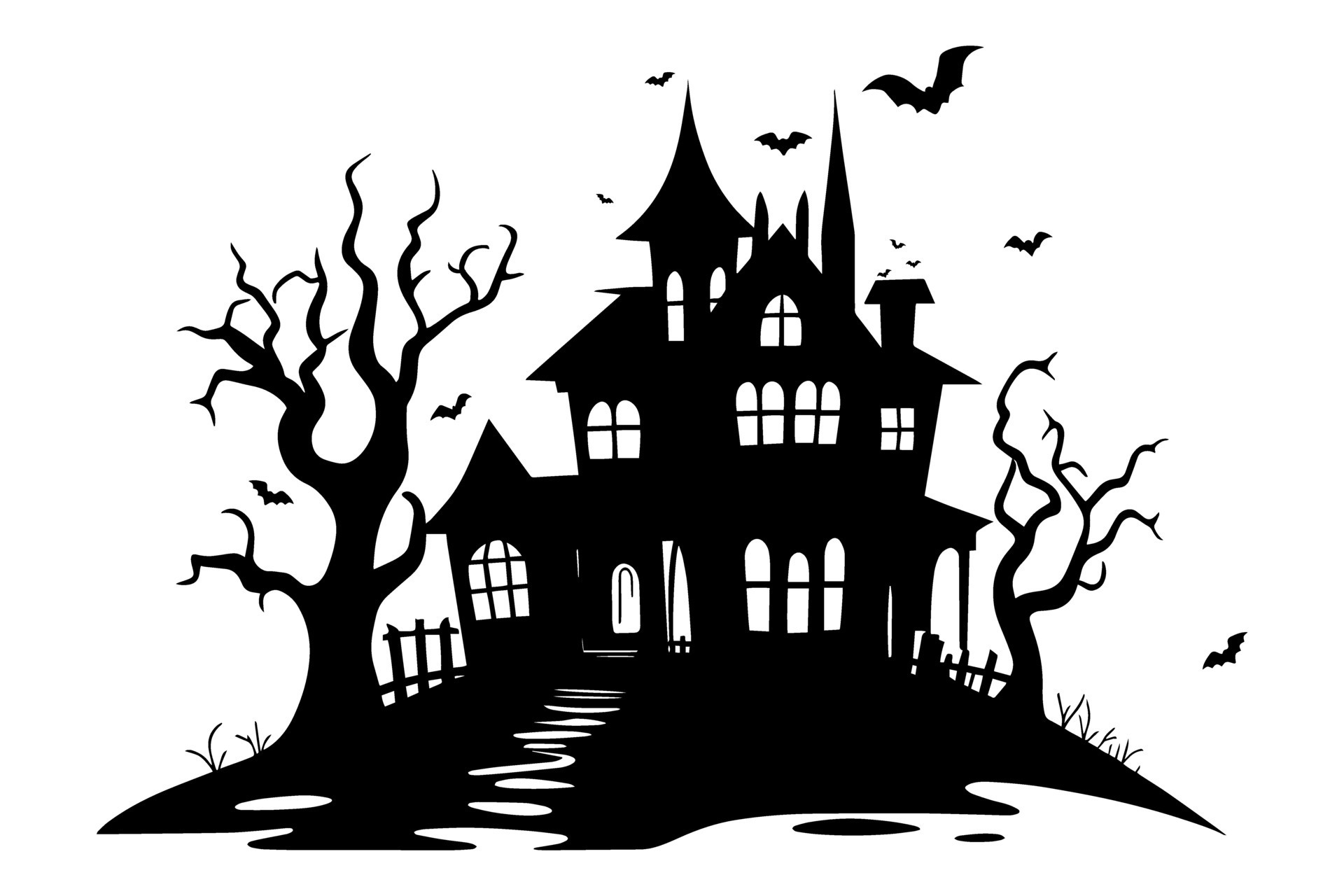 Halloween Haunted house silhouette, scene of ghost mansion. Vector ...